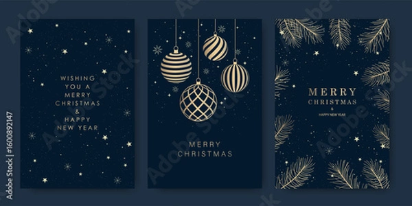 Fototapeta Merry Christmas and Happy New Year greeting card with golden shiny Christmas tree balls, fir branches. Vector illustration, greeting card design, covers.