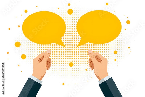 Fototapeta Conversation Concept: Two hands in a business suit each hold a speech bubble, illustrating effective communication and dialogue.