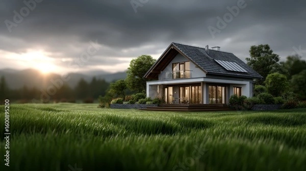 Fototapeta A modern house with solar panels sits amidst lush green fields under a dramatic cloudy sky at sunset.