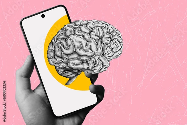 Fototapeta Art collage on the topic of modern smart technologies. Smart applications for mobile phones. Artificial intelligence in the modern world	
