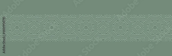 Fototapeta Banner, cover design, wallpaper, fresco. Geometric ethnic pattern on a green background. Embossing, 3D, zentangle. Tribal ornaments, arabesques, mandala of the East, Asia, India, Mexico, Aztecs, Peru.