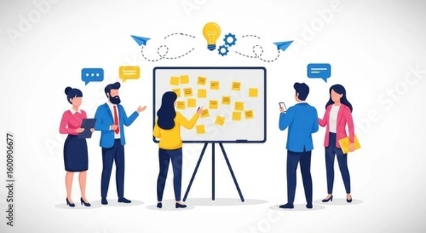 Fototapeta A diverse team of professionals is actively engaged in a brainstorming session around a whiteboard covered in sticky notes