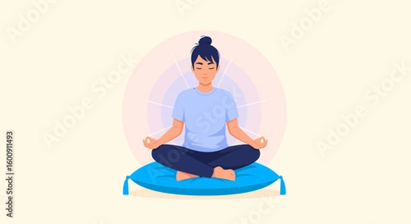 Obraz Calm Woman in Meditation Pose on a Blue Cushion
