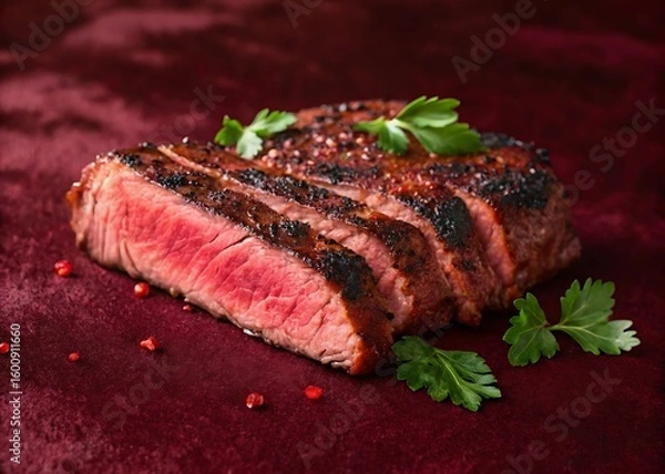Fototapeta Sliced grilled steak with a vibrant red center garnished with fresh parsley on a dark red background