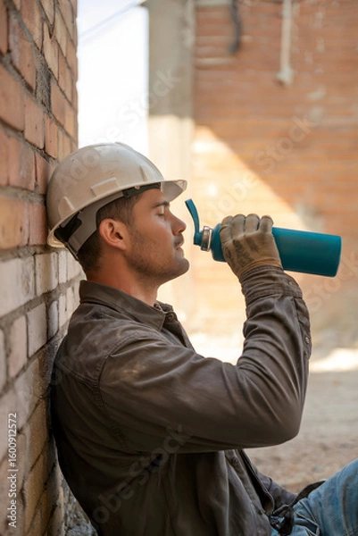 Fototapeta Construction Worker Taking a Hydration Break – Resting Against a Brick Wall After Labor in the Heat of the Day
