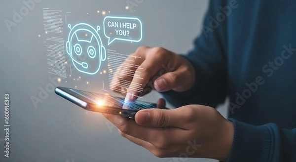 Fototapeta AI Chatbot Assistance. Mobile Phone Customer Support Interaction