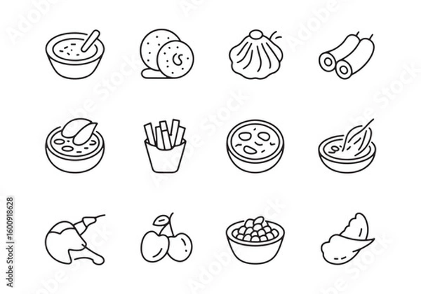 Obraz Collection of twelve black line art food icons on white background vector