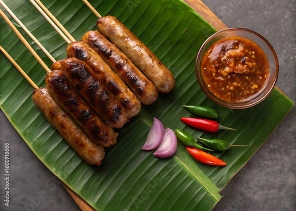 Fototapeta Grilled sausages on skewers served with spicy dipping sauce fresh chilies and sliced onions on a banana leaf