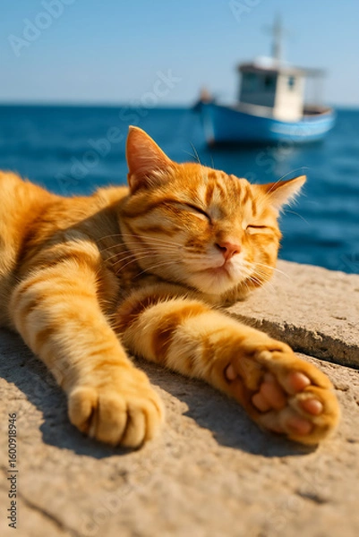 Fototapeta Coastal lifestyle with pets,Lazy summer cat moments,Dockside animal relaxation photography,sleeping orange tabby cat by the sea, on sunny dock, with boat in background