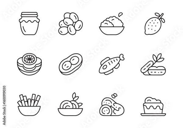 Obraz Collection of twelve simple black line art food icons on white background vector