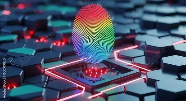Fototapeta Rainbow Fingerprint on Tech Circuit. A Biometric Security and Digital Identity