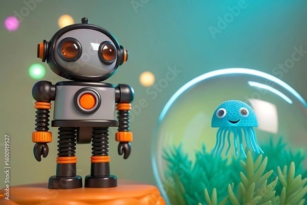 Fototapeta A charming robot stands guard over a jellyfish in a decorative aquarium