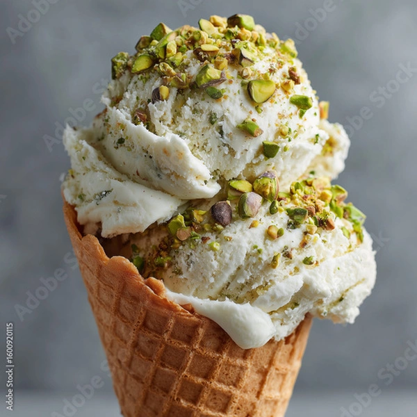Obraz Pistachio Vanilla Ice Cream in Waffle Cone – Close-Up Dessert Photography