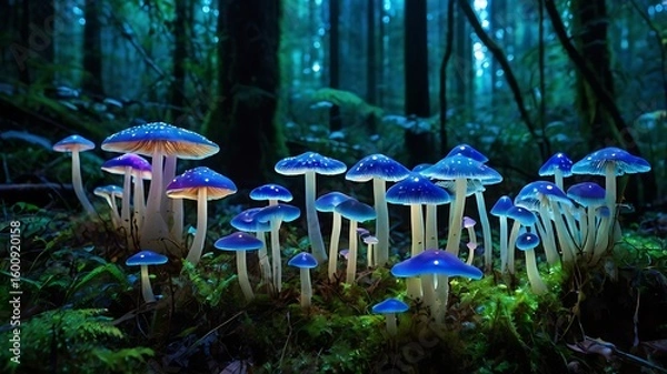 Fototapeta A cluster of bioluminescent mushrooms illuminates the dark forest floor