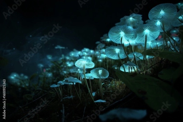 Fototapeta Surreal glowing spores suspended in dense forest darkness. Eerie and magical ambiance with deep shadows and autumn tones. Halloween background concept