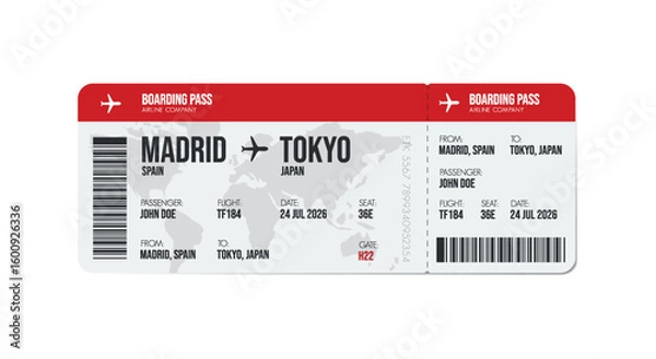 Fototapeta Airline ticket design. Airplane boarding pass with passenger name and destination. Travel, trip or business trip concept.
