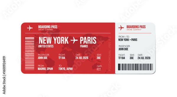Fototapeta Airline ticket design. Airplane boarding pass with passenger name and destination. Travel, trip or business trip concept.