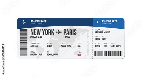Fototapeta Airline ticket design. Airplane boarding pass with passenger name and destination. Travel, trip or business trip concept.