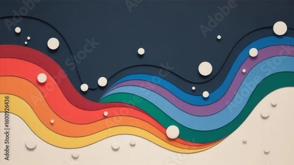 Fototapeta Abstract layered waves in vibrant rainbow colors with white circles scattered, set against a dark and light contrasting background.