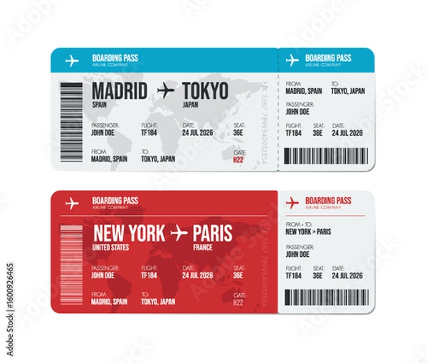 Fototapeta Airline ticket design. Airplane boarding pass with passenger name and destination. Travel, trip or business trip concept.