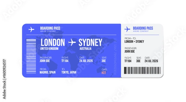 Fototapeta Airline ticket design. Airplane boarding pass with passenger name and destination. Travel, trip or business trip concept.