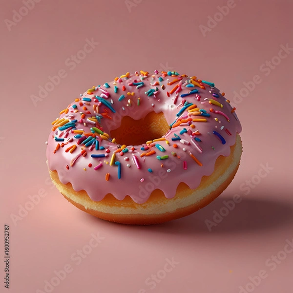 Fototapeta Single Pink Donut with Sprinkles on Soft Pink Background