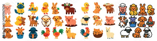 Fototapeta Collection of cartoon animals, including cows, pigs, and sheep. The animals are all different sizes and colors, and they are arranged in a row. Scene is playful and lighthearted