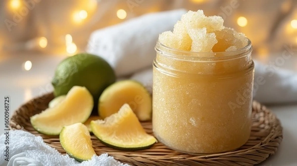 Fototapeta Fresh Citrus Body Scrub with Lime and Lemon Slices on a Cozy Background