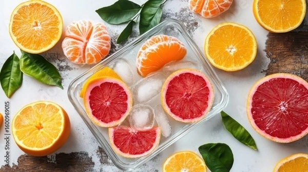 Fototapeta Fresh Citrus Fruits with Ice in a Bowl Surrounded by Leaves