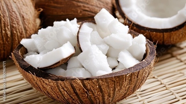 Fototapeta Fresh Coconut Pieces in Natural Coconut Shell on Rustic Background