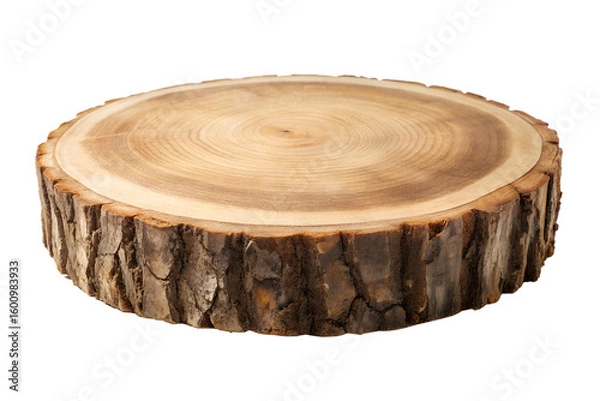 Fototapeta A closeup studio shot shows a round natural wood slice with visible tree rings and a rough bark edge isolated on transparent background