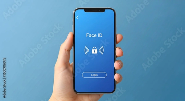Fototapeta Hand holding a smartphone with face id screen displayed against a blue colored background plain backdrop