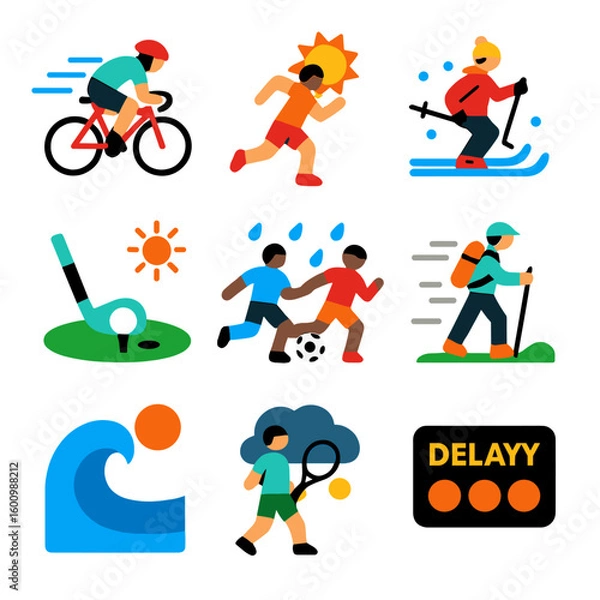Fototapeta Vibrant Weather Icons. Flat vector icons of weather for sports: cyclist in wind, runner in heat, skier in snow, golf under sun,