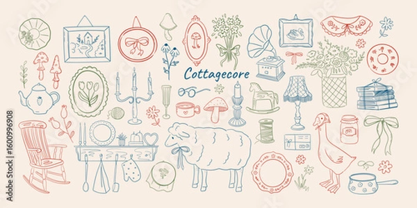 Fototapeta Set of hand drawn whimsical cottagecore illustrations. Line art drawings of vintage counryside elements. Rocking chair, frames, candles, sheep, goose clip art. Coquette vector graphic for card, poster