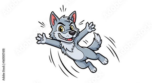 Fototapeta Playful Cartoon Wolf in mid-air, joyful expression, dynamic pose