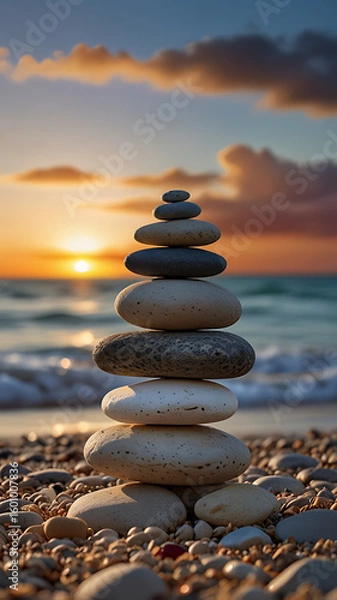 Fototapeta Stone Tower on Seashore: A precisely balanced tower of smooth stones stands on a serene shoreline, the warm hues of a setting sun painting the sky, mirroring a sense of harmony and inner peace.
