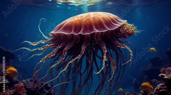 Fototapeta Abstract underwater scene featuring marine organisms in fluid motion, representing the beauty of aquatic life, liquid art, and marine biology. Vivid colors and flowing forms 