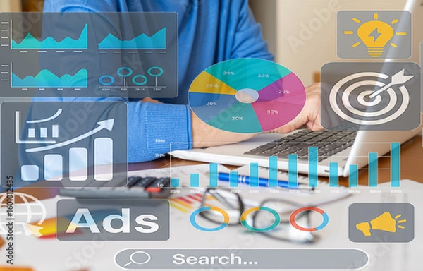 Fototapeta Businesswoman is working with laptop and digital marketing ads and analytics interface showing pie charts, bar graphs, increasing arrow, light bulb, target and megaphone