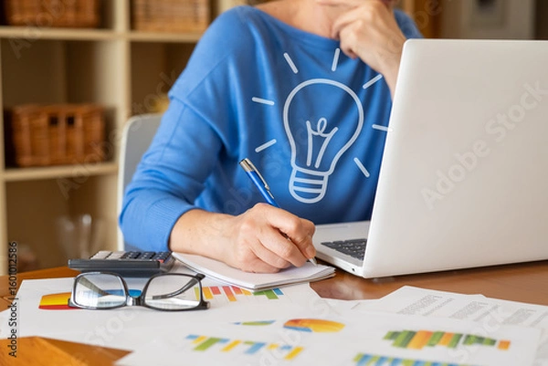 Fototapeta Businesswoman is working on a laptop and taking notes on a notepad, with a light bulb symbolizing a new idea for business intelligence and performance analysis