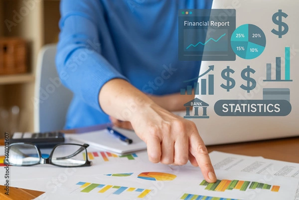 Fototapeta Businesswoman pointing at financial statistics and charts, analyzing company performance using business intelligence and financial analytics for increased profits
