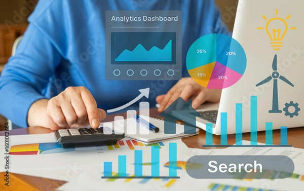 Fototapeta Businesswoman analyzing financial data and charts on a laptop, using a calculator, with a digital interface overlay highlighting growth, innovation, and sustainable energy