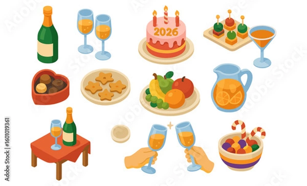 Fototapeta Celebratory new year elements with cake, drinks, and festive treats for 2026