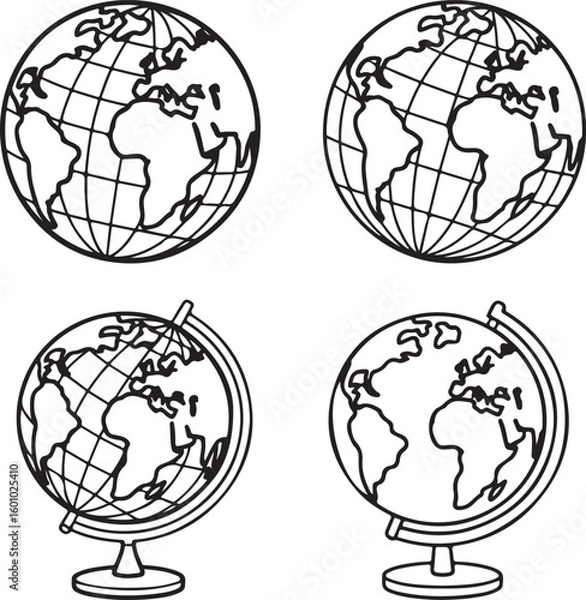 Fototapeta Hand-Drawn World Globe Icon Pack – Flat Earth Views, Globe with Gridlines, and Simplified Map Spheres in Sketch Style