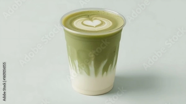 Fototapeta Clear plastic cup filled with two layers of matcha latte, simple background.