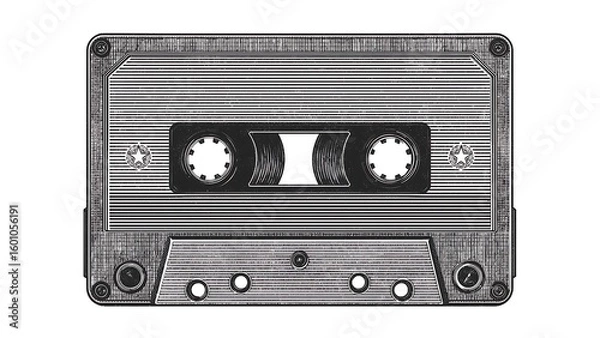 Fototapeta Black and white vector illustration of a cassette tape. Classic and timeless charm. On a white background.