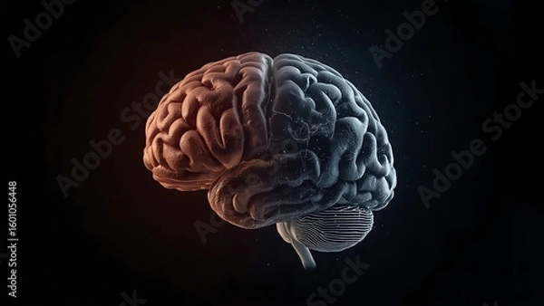 Fototapeta The left side of the human brain looks healthy, lively, bright and rosy, while the right side should look decrepit, dark, grey, rotten or near death.