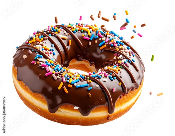 Fototapeta Floating chocolate-drizzled donut with colorful sprinkles, PNG