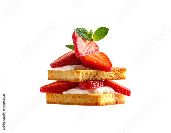 Fototapeta Cinematic image of a layered strawberry shortcake levitating, cream and fruit slices visible, PNG