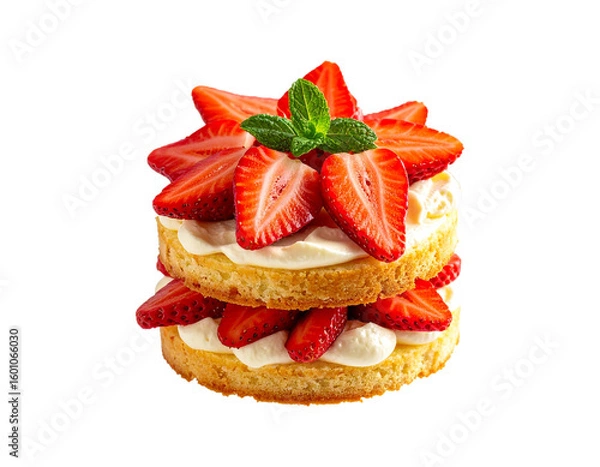 Fototapeta Cinematic image of a layered strawberry shortcake levitating, cream and fruit slices visible, PNG