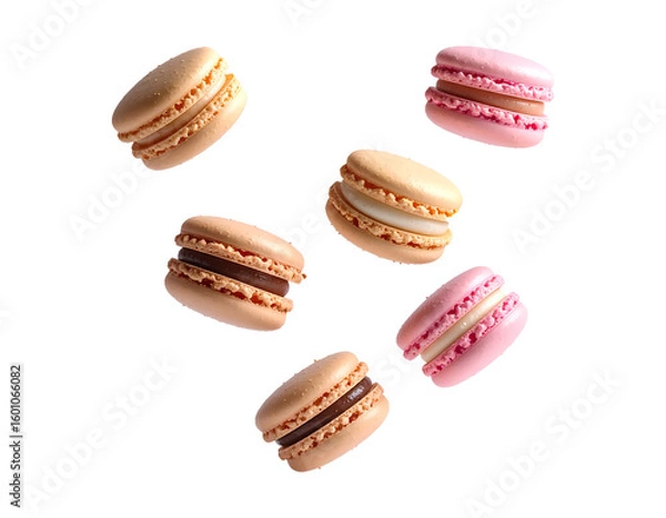 Fototapeta Assorted macarons in pastel colors floating mid-air, scattered crumbs and filling visible, PNG